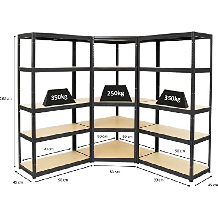 Proregal Eckregal Mega Deal + 2x Schwerlastregal Slim Elephant S, 5 Böden, Traglast 250 kg pro Boden, pulverbeschichtet, Steckmontage, H180 x B90 x T45 cm – Bild 2