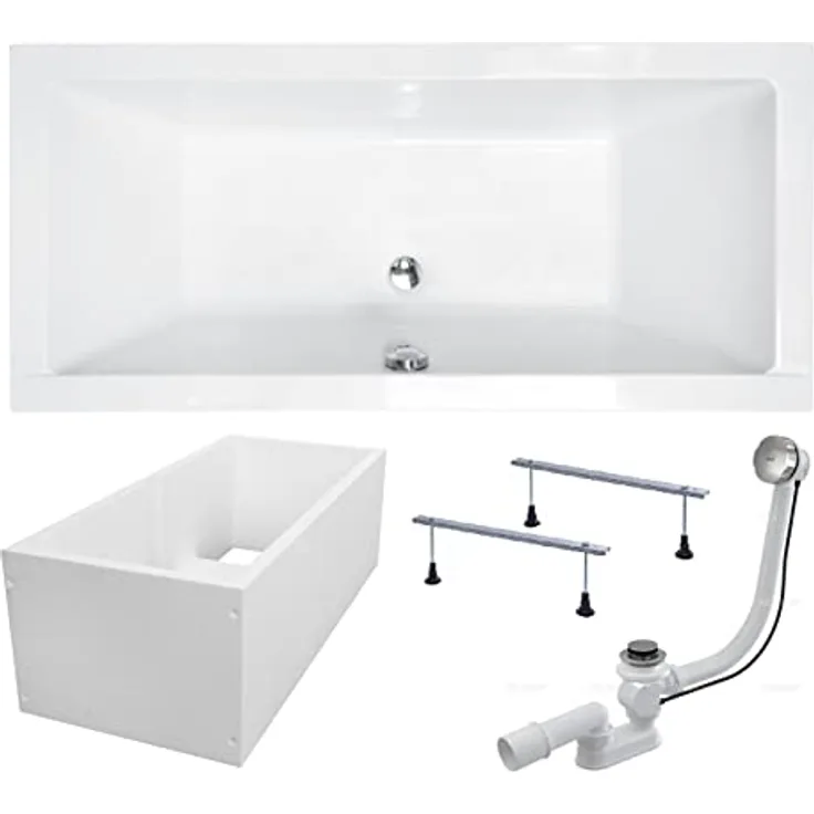 Besco BADLAND Badewanne QUADRO 180x80 cm, weiß, mit Premium Wannenträger, Füßen und chrom Automatik Ablaufgarnitur, Made in EU, 4in1 Komplettset