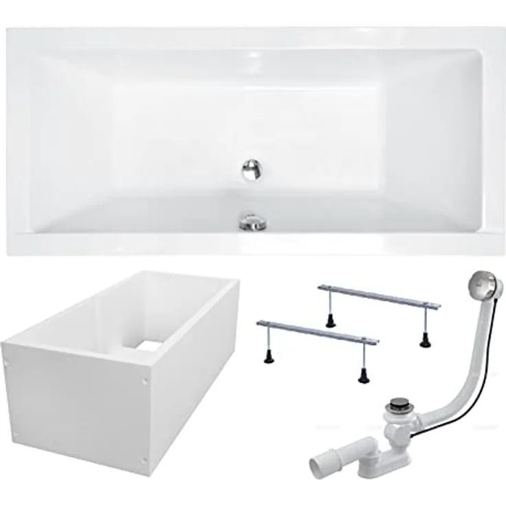 Besco BADLAND Badewanne QUADRO 180x80 cm, weiß, mit Premium Wannenträger, Füßen und chrom Automatik Ablaufgarnitur, Made in EU, 4in1 Komplettset – Bild 1