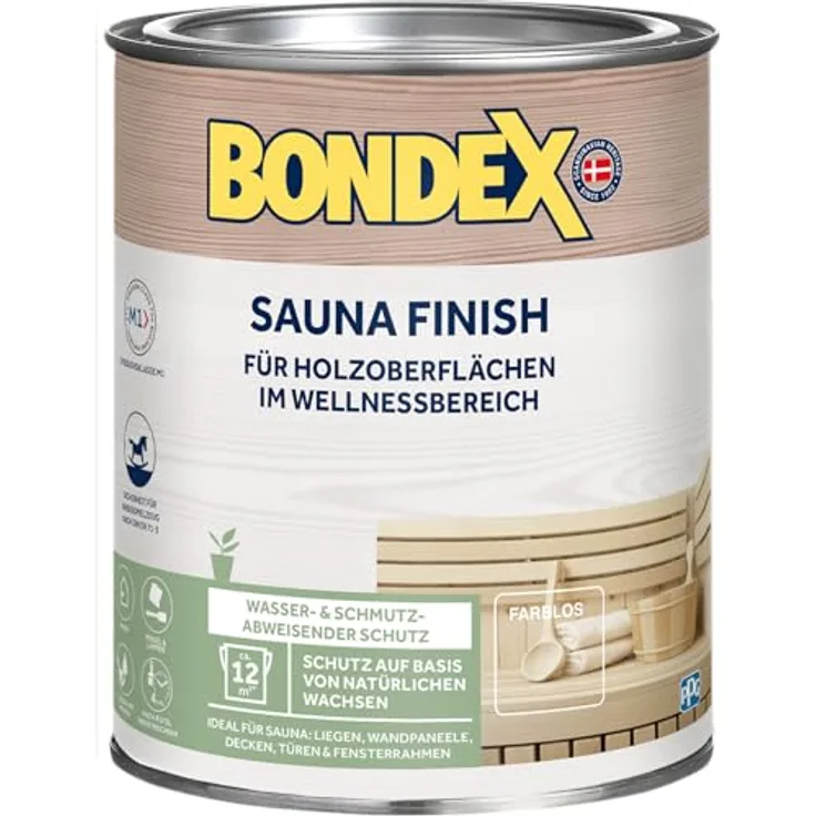 Bondex Sauna Finish Farblos 1 L für 12 m² | Wasser- und schmutzabweisend | Schutz auf Basis von natürlichen Wachsen | Kein Ausdünsten oder Abfärben | Seidenmatt | Holzpflege | Holzwachs