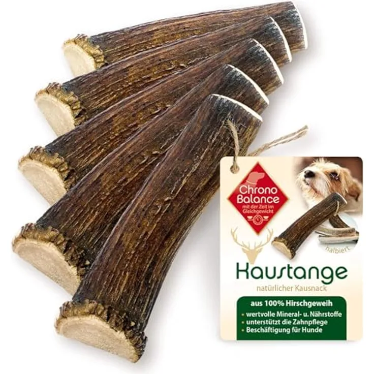 ChronoBalance XS (5er Set) Geweih Kaustange für Hunde halbierte Stücke Kauspielzeug: Zahnpflege Kaustab aus 100% Hirschgeweih, ohne Chemie