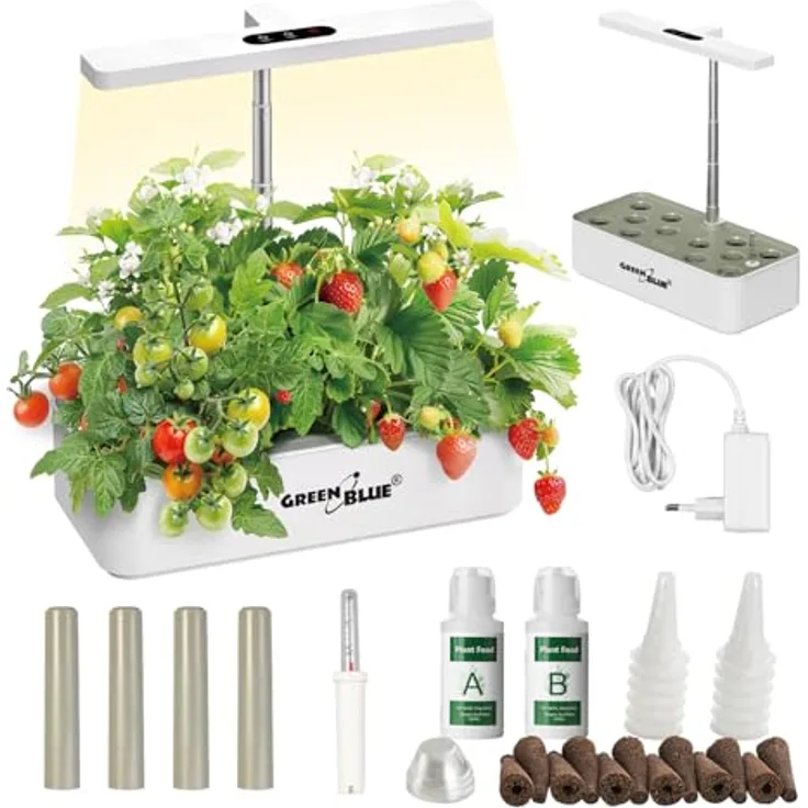 GreenBlue GB133 SMART Blumentopf, Intelligentes Indoor-Pflanzenaufzuchtsystem für 12 Pflanzen, 4L Wassertank, Vollspektrum-LEDs, Weiß