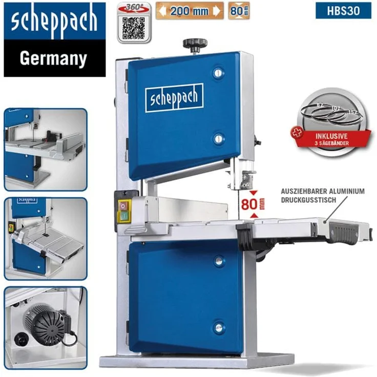 Scheppach HBS30 Bandsäge Holzbandsäge Holzsäge Tischsäge Säge inkl. 3 Sägebänder | 230 Volt | 350 Watt | max. Durchlasshöhe: 80 mm | max. Durchlassbreite: 200 mm – Bild 5