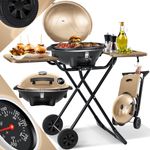 KESSER elektrischer Elektrogrill 2in1 Tischgrill - Standgrill mit Deckel und Standfuß max. 2400 Watt Faltbar Thermometer Antihaftbeschichtung Grillplatte Abstelltische 2 Räder  Champagne