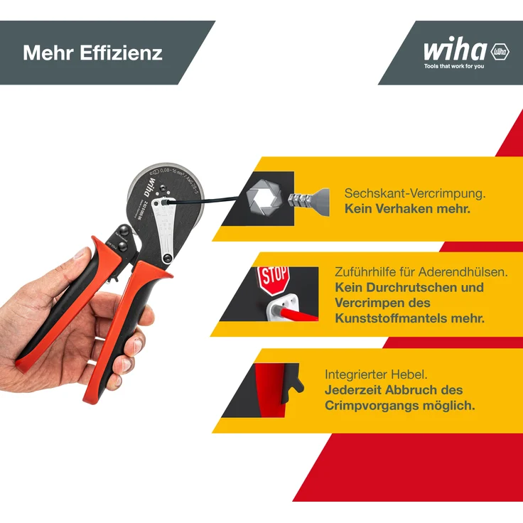 Wiha Profi Crimpzange mit automatische Anpassung auf die Aderendhülsengröße 0,08 bis 16mm² (41246) I Crimpwerkzeug Sechskant Vercrimpung I Aderendhülsenzange für Elektriker – Bild 11