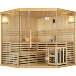 Artsauna Saunakabine Espoo200 Premium mit Harvia Ofen – 5 Personen – Hemlock Holz, Glasfront und LED Licht – Inkl. Thermometer & Sanduhr –Komplett Set
