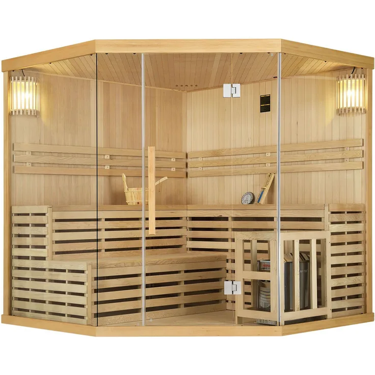Artsauna Saunakabine Espoo200 Premium mit Harvia Ofen – 5 Personen – Hemlock Holz, Glasfront und LED Licht – Inkl. Thermometer & Sanduhr –Komplett Set