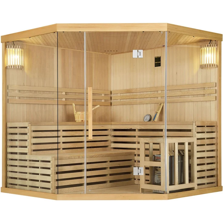 Artsauna Saunakabine Espoo200 Premium mit Harvia Ofen – 5 Personen – Hemlock Holz, Glasfront und LED Licht – Inkl. Thermometer & Sanduhr –Komplett Set – Bild 1