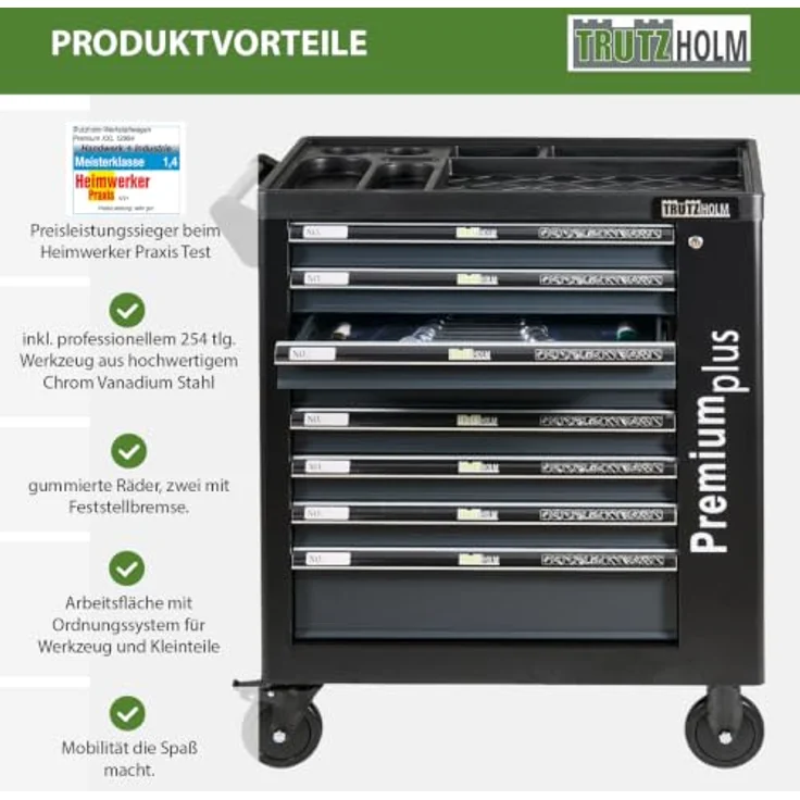 TRUTZHOLM Werkstattwagen Premium XXL, 254-tlg. CRV Werkzeugset auf Rollen, abschließbar, 8 Schubladen, schwarz-anthrazit, 840mm Breite – Bild 9