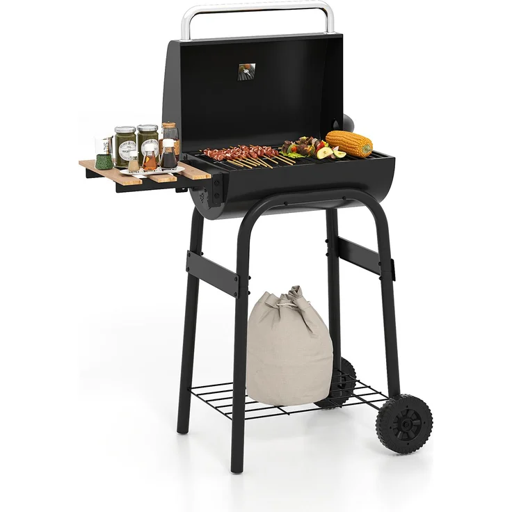 KOMFOTTEU Holzkohlegrill mit klappbaren Seitentischen, integriertem Thermometer und Ablagefach, schwarz, 0,13 m² Grillfläche, Outdoor-Grillwagen mit Rollen: Tests, Infos & Preisvergleich