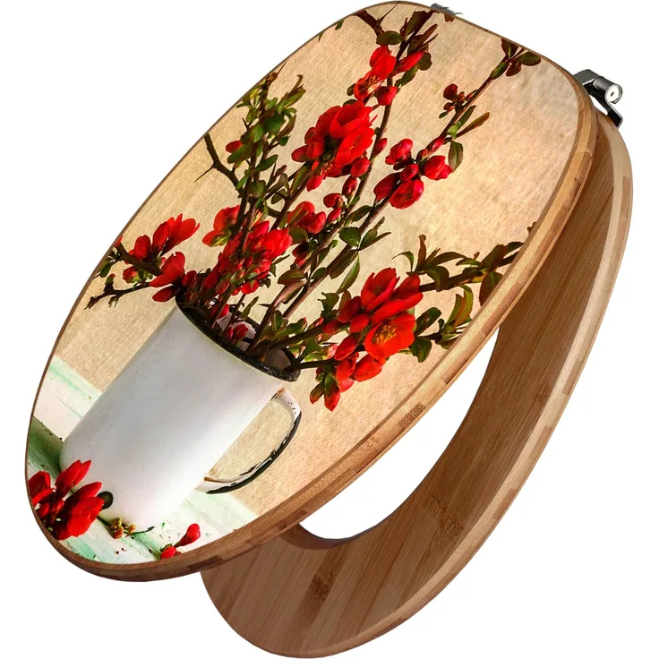 Banjado WC Sitz Bambus Toilettendeckel mit Motiv Berberitzen, robustes Holz, Universal Scharnieren, 44cm x 38cm x 5,5cm