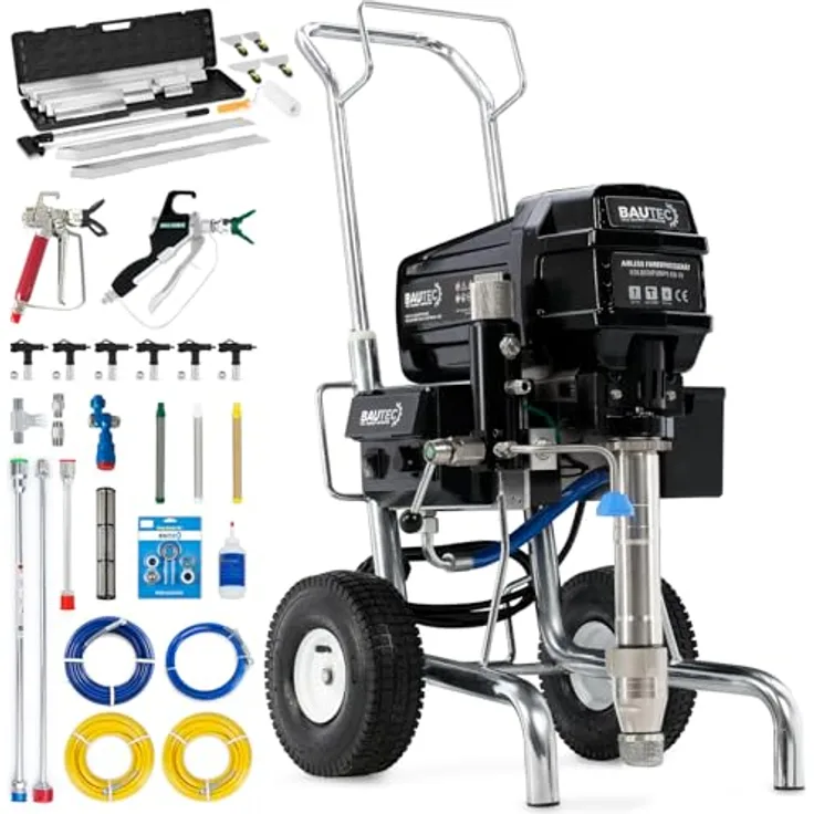 BAUTEC Farbsprühgerät Airless EN-79, Elektrokolbenpumpe 8,3 l/min, 28-tlg. Flächenspachtelset XXL, Profi-Kombiset