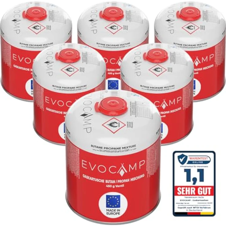 EVOCAMP 6x Propan Butan Gaskartuschen 450g, Ventilkartusche für Weber Grills Q100/1000, Schraubgewinde 7/16", mit Sicherheits-Verschlussautomatik, hohe Brenndauer bis 11 Stunden – Bild 1