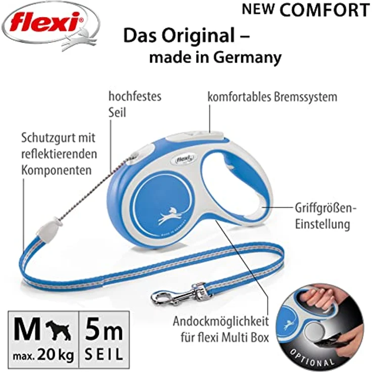 Flexi Leine New Comfort, Hundeleine Katzenleine Rollleine, Blau, M 20kg / 5m Seil – Bild 2