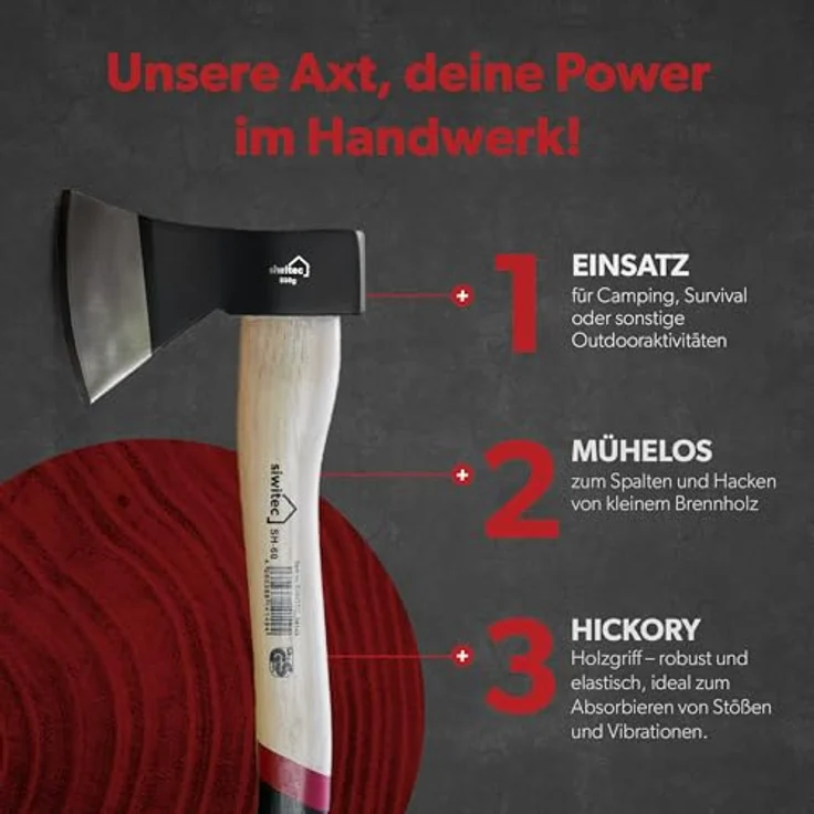 siwitec Holzaxt SH-60, Survival Axt mit 600 Gramm Kopfgewicht, Axt zum Holz spalten mit Hickory-Stiel und C45 Carbon Klinge, Beil, Camping Axt – Bild 3