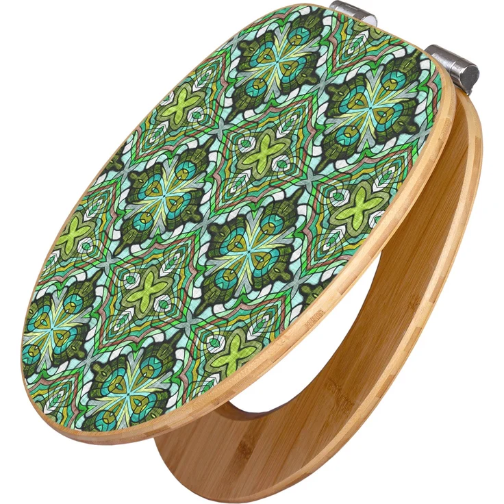 Banjado Bambus WC Sitz, Toilettendeckel mit Absenkautomatik und grünem Muster, 45,8 x 37,5 cm, für alle gängigen Toilettenschüsseln
