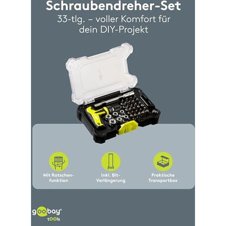 goobay Schraubendreher-Set 30-teilig, T-Griff-Ratsche mit Quick-Release, S2-Stahl-Bits, Stecknüsse und Verlängerung für Montage- und Reparaturarbeiten – Bild 2