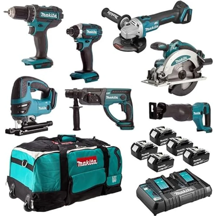 Makita Kombi-Set, 7-teilig inkl. Bohrer DDF482, Schraubendreher DTD152, Schleifer DGA504, Säge DSS610, Perfo DHR202, DJR186 & DJV180, 18 V Akku-Elektrowerkzeuge – Bild 2