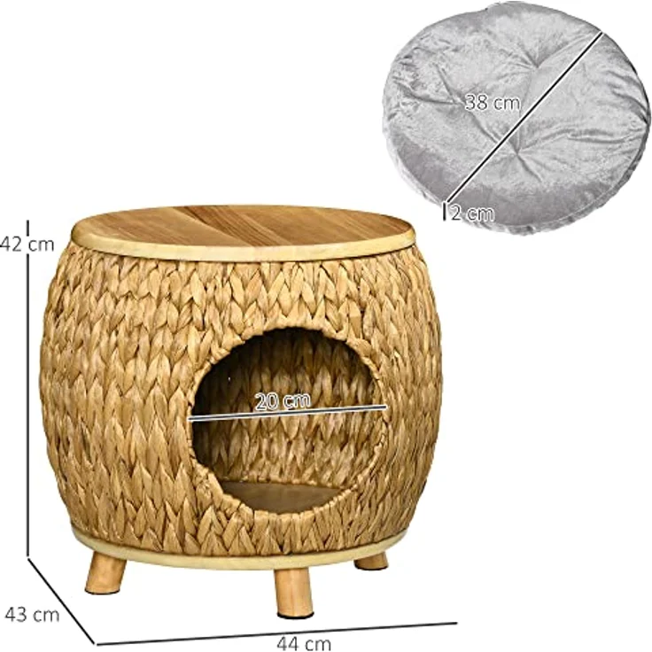 PawHut Tierhaus Katzenhöhle mit waschbarem Kissen, hellbraun/naturholz/grau, für drinnen und draußen, bis 80 kg belastbar – Bild 7