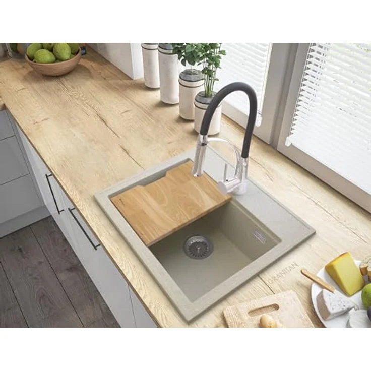 Granitan GRANITAN Foxal Küchenspüle, Granit Unterbauspüle mit manuellem Siphon, langlebige Granitspüle in elegantem Design - inkl. Spülenabdichtung und passendem Küchenbrett aus Holz – Bild 3
