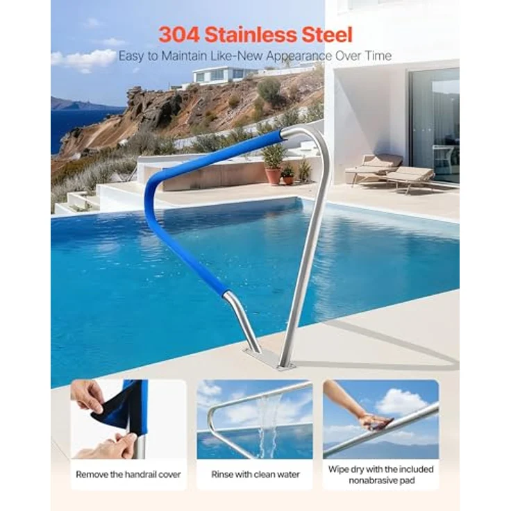 VEVOR Poolhandlauf, Edelstahl 39 x 32 Zoll mit Bodenplatte, rostfreier Haltegriff für Innen-/Außenpools, 100 kg Tragfähigkeit, inkl. rutschfester Hülle und Zubehör, 1 Stk-3 Biegungen, 122 x 91 cm, Silber – Bild 3