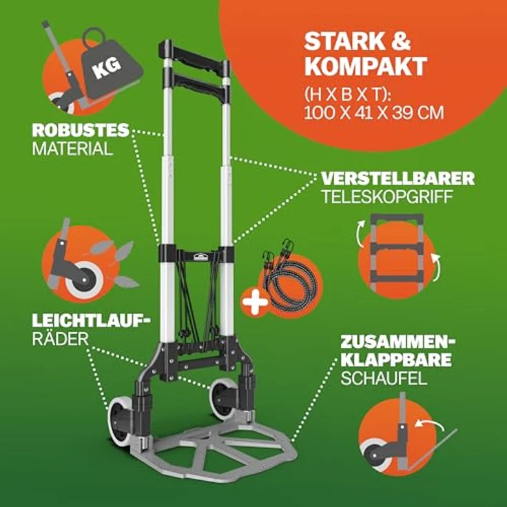 Gardebruk Sackkarre, Aluminium klappbar, 80 kg Tragkraft, verstellbarer Teleskopgriff, inkl. Handschuhe und Expanderseile – Bild 2