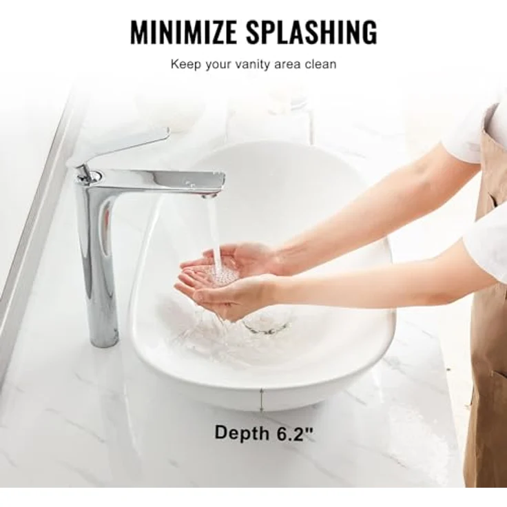 VEVOR Ovales Aufsatzwaschbecken, 592 x 361 x 158 mm, modernes Keramikwaschbecken in hellem Weiß mit effizientem Abfluss und tiefem Spritzschutz für Badezimmer, Hotels und Restaurants – Bild 4