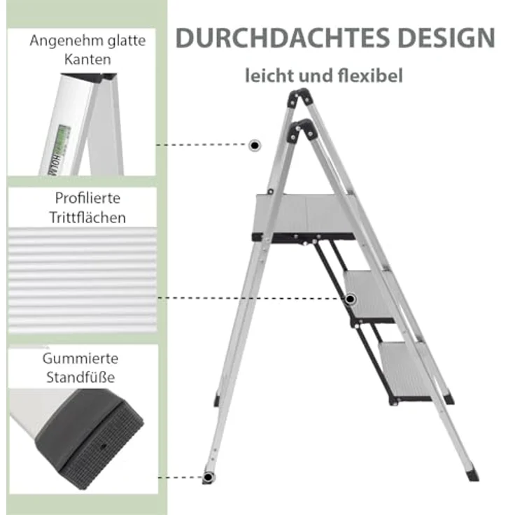 TRUTZHOLM Alu Trittleiter 2-stufig, klappbar, bis 150 kg Traglast, Aluminium Silber, Anti-Rutsch Trittflächen, TÜV/GS geprüft, leicht und platzsparend (5 cm schmal) – Bild 4