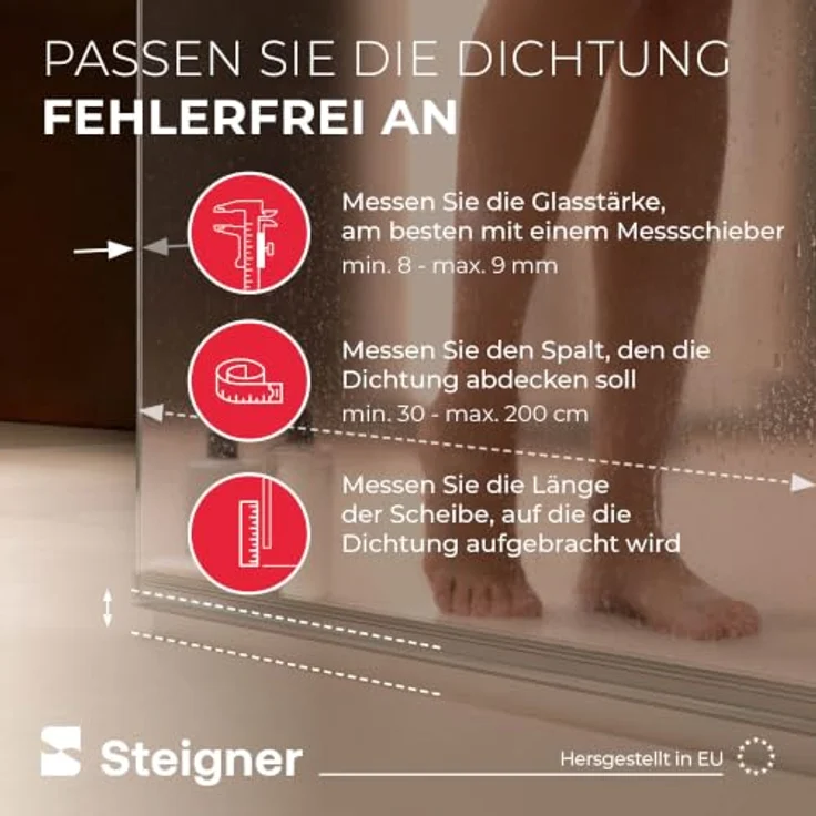 STEIGNER Duschtürdichtung UK20 170 cm - Transparente Dichtung für Eckeinstieg und Fünfeckdusche, 100% wasserdicht, für Glasdicke 8-9 mm, einfache Montage, schimmel- und kalkresistent – Bild 5