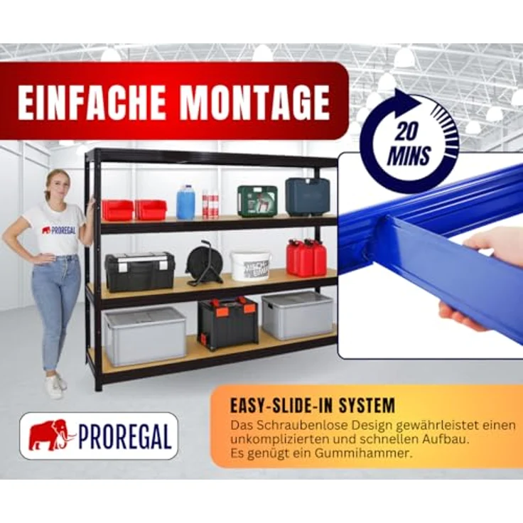 Proregal Schwerlastregal DINO, 180 x 240 x 60 cm, 4 Böden, Traglast 450 kg pro Boden, Schwarz – Bild 5
