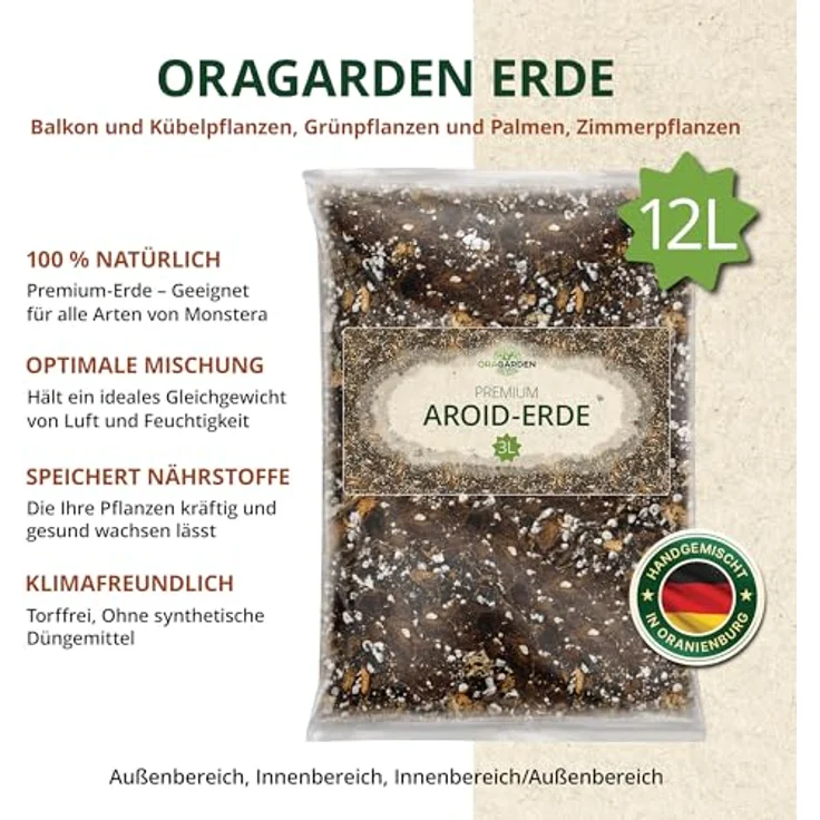 OraGarden Aroiden Erde Blumenerde für Monstera, Philodendron Premium Qualität (12L) – Bild 5