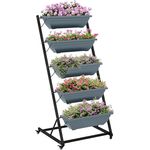 Outsunny Pflanzenständer, Blumenregal mit 5 Etagen und Rollen, Grau, für Innen- und Außeneinsatz, mit Drainagelöchern, 65 x 67 x 145 cm