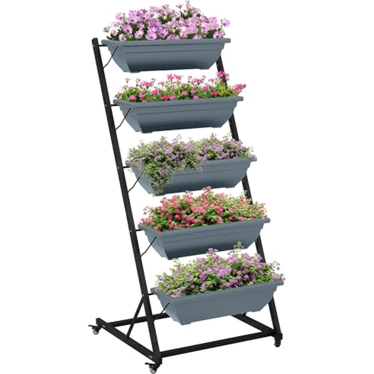 Outsunny Pflanzenständer, Blumenregal mit 5 Etagen und Rollen, Grau, für Innen- und Außeneinsatz, mit Drainagelöchern, 65 x 67 x 145 cm – Bild 1