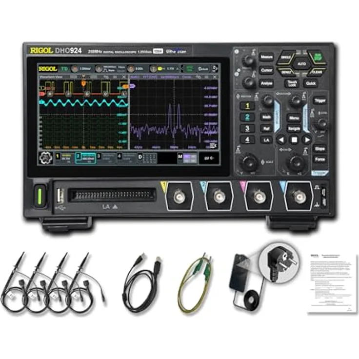 RIGOL DHO924 Tragbares digitales Oszilloskop, 250 MHz Bandbreite, 4 analoge und 16 digitale Kanäle, 12 Bit Auflösung, Bode-Plot-Analyse, 7 Zoll HD-Touchscreen