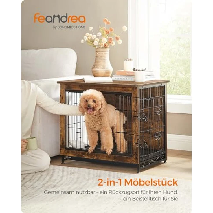 Feandrea Hundekäfig Möbel, Beistelltisch, Hundebox, moderne Hundehütte Indoor für Hunde bis zu 14 kg, vintagebraun, hochbelastbar – Bild 2