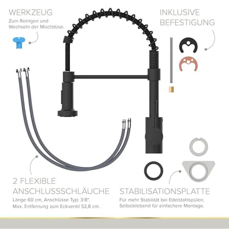Lenz Küchenarmatur NOVA, Nickelfrei, Anti-Fingerabdruck Oberfläche, Schwarz-matt, Flexible Pendelbrause mit 2 Strahlarten – Bild 6