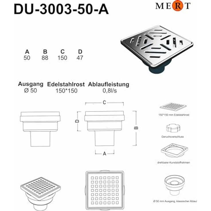 MERT Bodenablauf für ebenerdige Dusche Edelstahlrost Stribes senkrechter Ablauf 150 x 150 mm – Bild 3