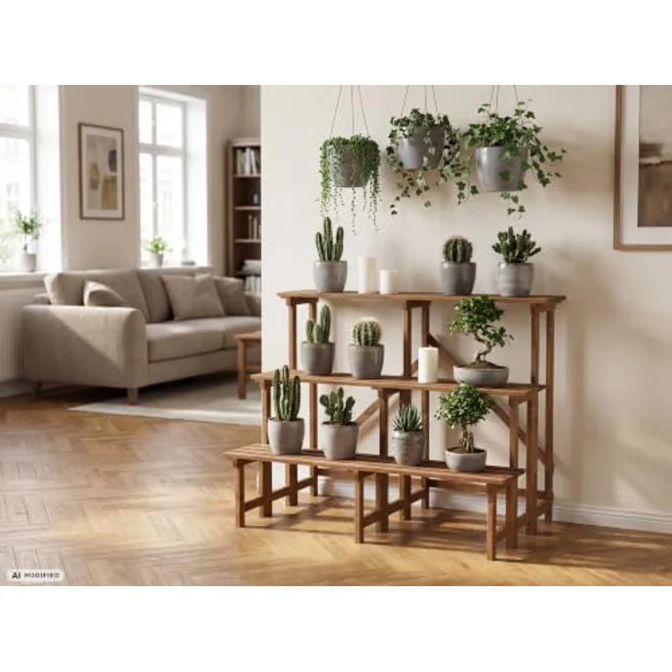 needs&wants® Große Pflanzentreppe Blumentreppe, 3-stufiger Pflanzenständer aus wetterfestem Holz, braun, für Indoor und Outdoor, 110 cm breit, 80 cm hoch – Bild 5
