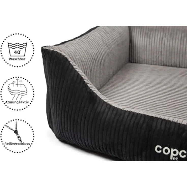 CopcoPet Hundebett Kyra in Cord Stoff S 70x55cm Schwarz/Grau - Bequemes Hundekissen mit waschbarem Bezug & erhöhten Rändern – Bild 2
