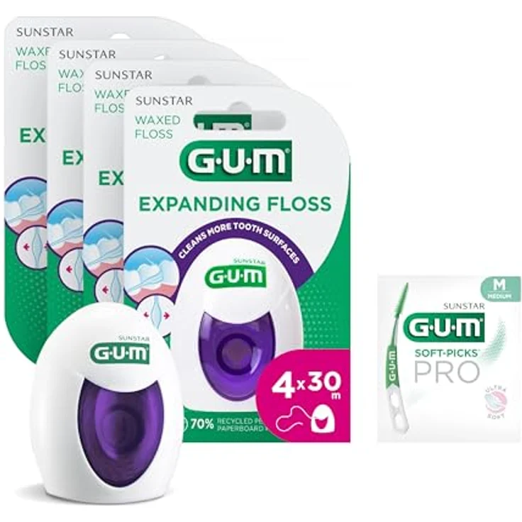 GUM EXPANDING FLOSS, gewachste Zahnseide für enge Zahnzwischenräume, flauschend bei Benutzung, 4x30m (+1 Gratisprobe) – Bild 1
