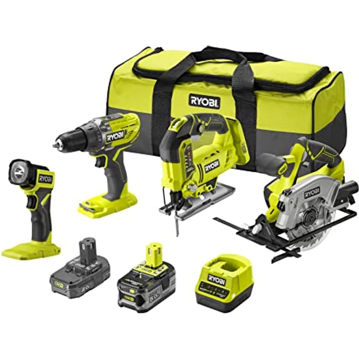 RYOBI - Kombination, 4 Werkzeuge, 18 V, ONE+: Bohrschrauber + Stichsäge + Kreissäge + LED-Lampe – Tragetasche mit 2 Akkus 5 und 2 Ah und 1 Schnellladegerät – RCK184A-252S – Bild 1