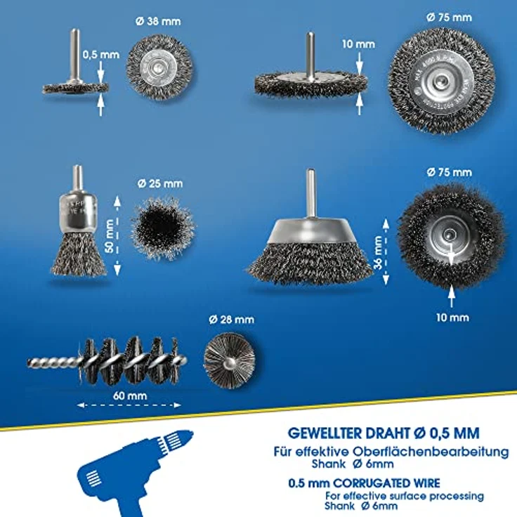 S&R Drahtbürste Set für Bohrmaschinen, gewellter Stahldraht - Rundschaft 6mm, Winkelschleifer, Flex, 5-tlg, für Sicheres entrosten, entgraten, abtragen, schleifen, Farbe: 5-tlg. – Bild 3