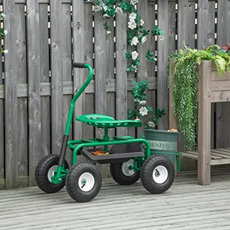 Outsunny Rollsitz 360° drehbar, höhenverstellbarer Gartenwagen mit Ablagefläche und Mobilen Rollen, belastbar bis 150 kg, Grün – Bild 2