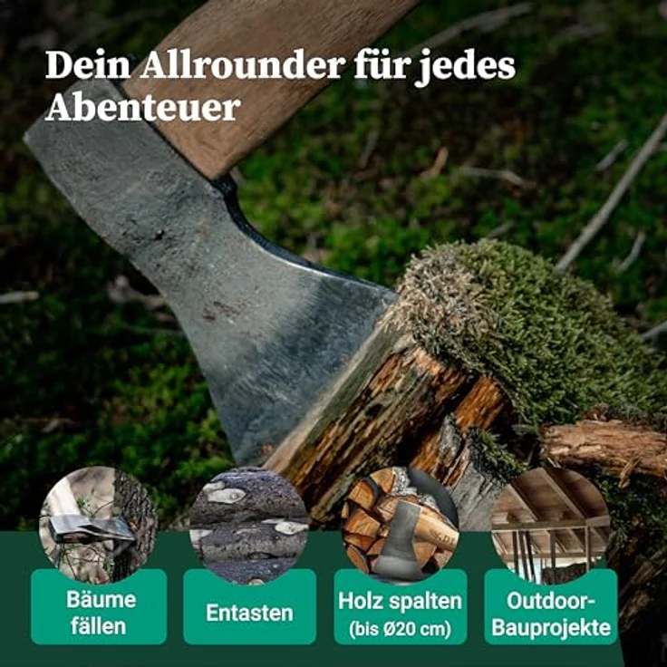 Adler Rheinlandaxt inkl. Lederschutz: Geschmiedete Axt zum Bäume fällen, Entasten und Holz spalten, C60-Stahlkopf & 70 cm Hickory-Stiel, große Allround-Forstaxt, Grün/schwarz, 1250 g – Bild 5