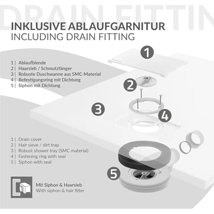 LuxeBath Duschwanne 80x80cm, quadratische Brausetasse mit rutschfester Oberfläche und Ablaufgarnitur, Weiß, H:30 mm extra flach – Bild 6