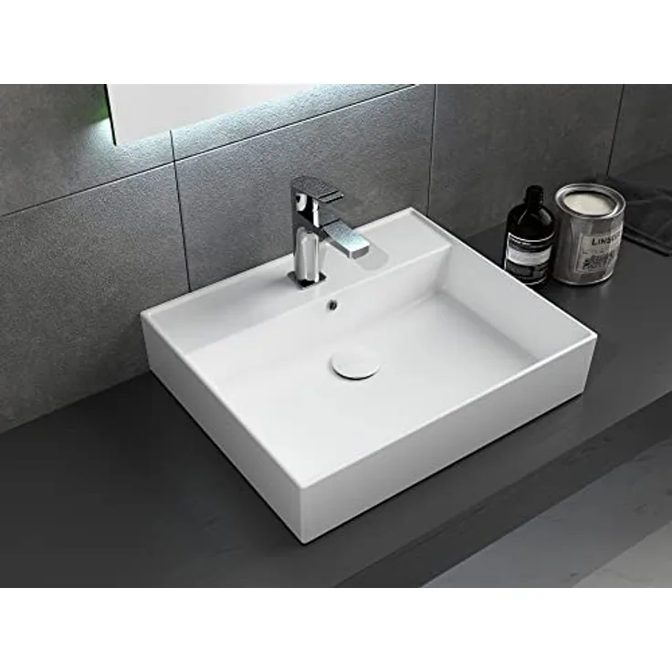 Aqua Bagno | Keramik Waschbecken weiß, eckiger Waschtisch für Gäste-WC, Waschbeckenaufsatz Loft Air Design | 612x466 mm