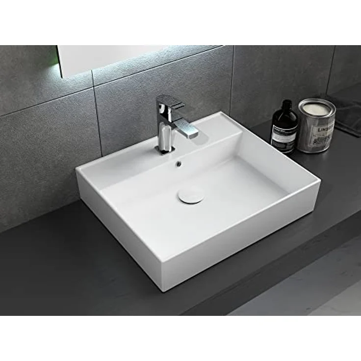 Aqua Bagno | Keramik Waschbecken weiß, eckiger Waschtisch für Gäste-WC, Waschbeckenaufsatz Loft Air Design | 612x466 mm – Bild 1