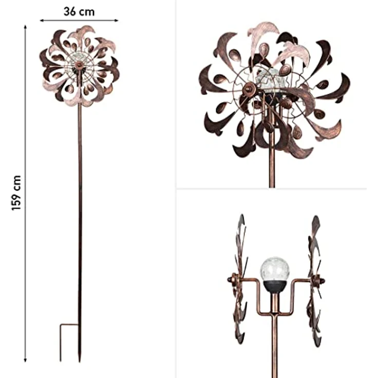 Kinetic Art Copper Dolphin Duett, Metall Windspiel mit 3D-Optik, Solarpanel und LED in Glaskugel, inklusive Bodenanker, wartungsfrei für den Garten – Bild 2