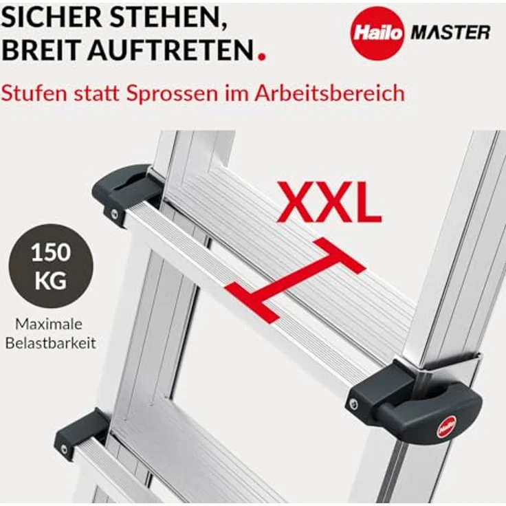Hailo Master M100 Alu-Multifunktionsleiter, 4x5 Stufen bis 150 kg, Silber, vielseitig einsetzbar und ergonomische Stufen – Bild 2