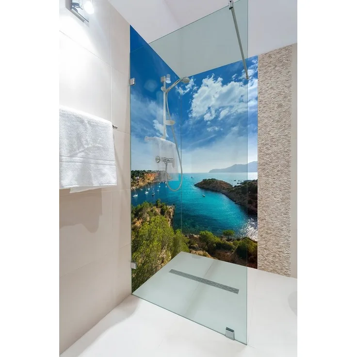 Wallario Duschrückwand Ibiza - Hochwertige, langlebige Duschrückwand mit Meerblick, 2-tlg